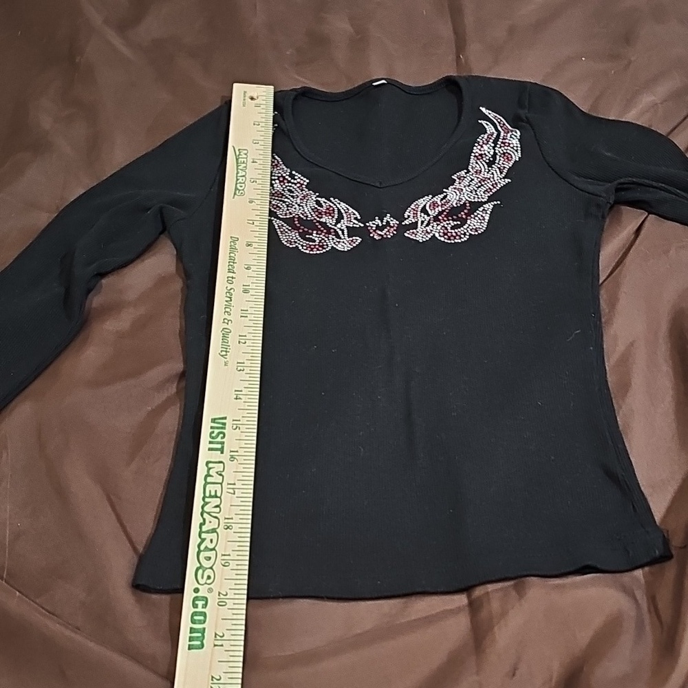 Grunge y2k Black V-neck Long Sleeve Ribbed Rhinestone Top Size L - Picture 6 of 6